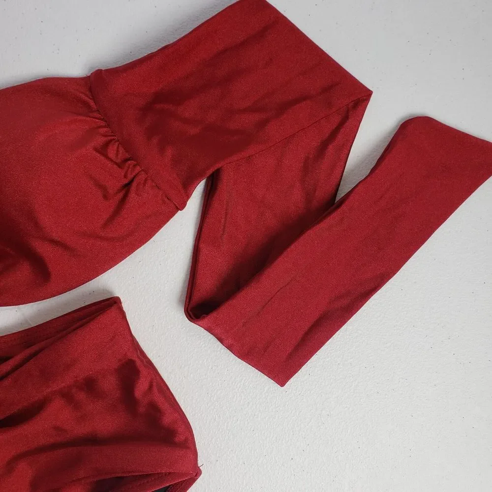 Peddney Women Ruffle Cutout Bandeau Bikini Swimsuit Tie Side Thong Two Piece - Picture 3 of 5